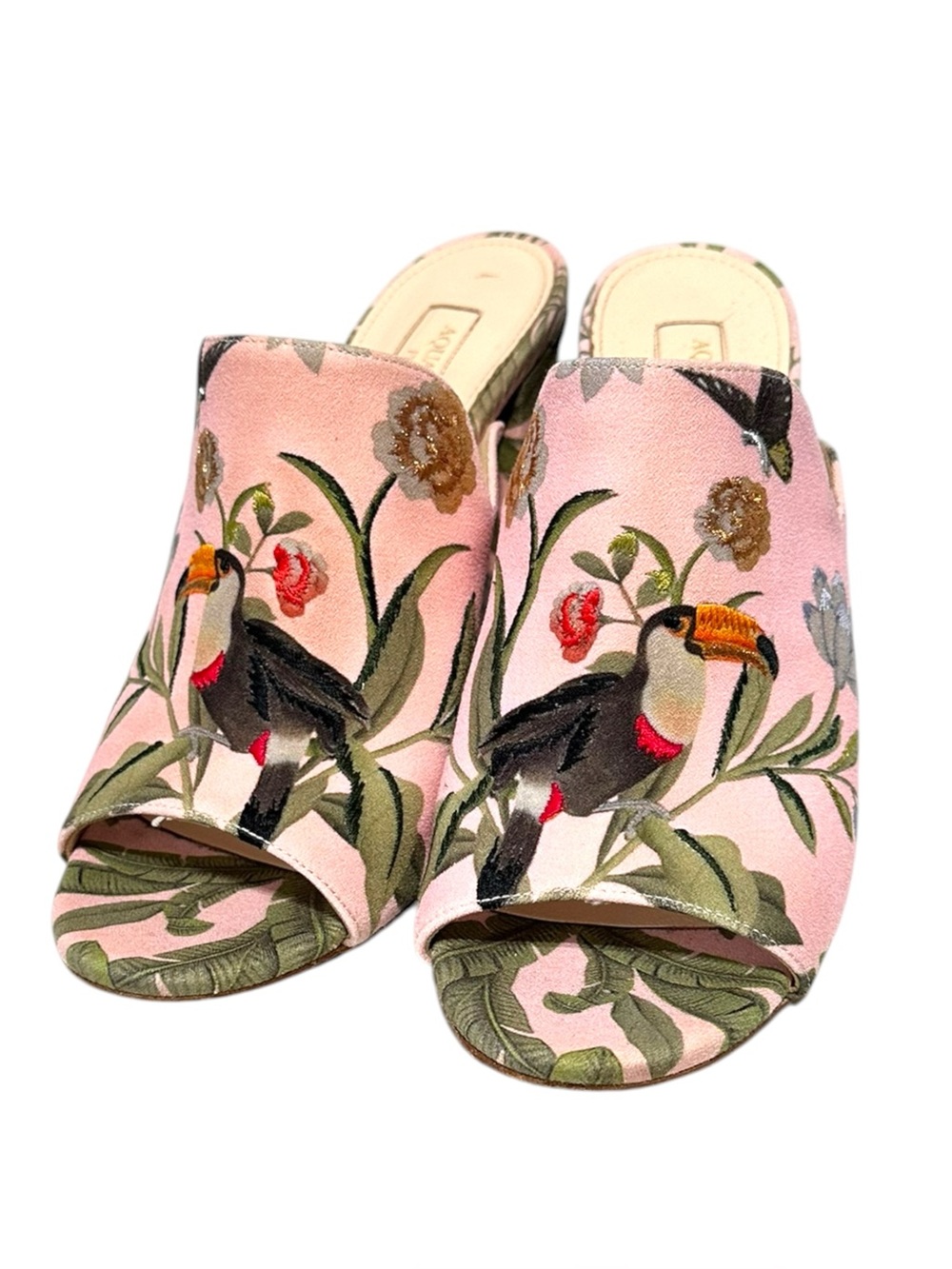Aquazzura x De Gourney  Pink Embroidered Toucan Slide Mules sandals heels 39 8